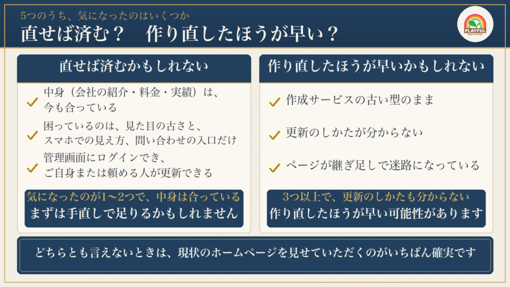 直せば済むかもしれない場合と、作り直したほうが早いかもしれない場合の比較。気になったのが1~2つなら手直し、3つ以上で更新のしかたも分からなければ作り直し